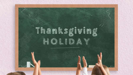 Teacher and students holding chalkboard with Thankful Holidays text