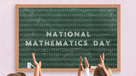 NATIONAL MATHEMATICS DAY text on chalkboard with teacher and school children