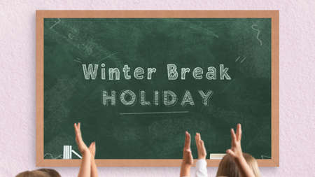 Back to school concept. Children hands and blackboard on the wallの写真素材