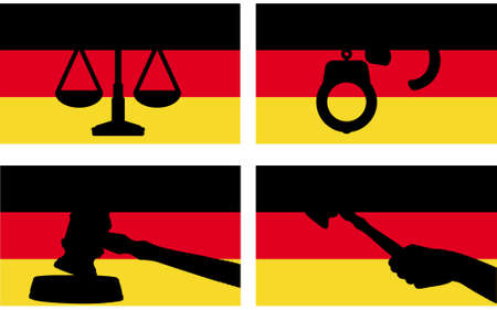 Germany flag with justice vector silhouette, judge gavel hammer and scales of justice and handcuff silhouette on country flag, Germany law concept, design asset, freedom ideaのイラスト素材
