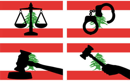 Lebanon flag with justice vector silhouette, judge gavel hammer and scales of justice and handcuff silhouette on country flag, Lebanon law concept, design asset, freedom ideaのイラスト素材