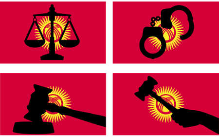 Kyrgyzstan flag with justice vector silhouette, judge gavel hammer and scales of justice and handcuff silhouette on country flag, Kyrgyzstan law concept, design asset, freedom ideaのイラスト素材