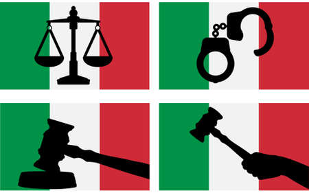 Italy flag with justice vector silhouette, judge gavel hammer and scales of justice and handcuff silhouette on country flag, Italy law concept, design asset, freedom ideaのイラスト素材