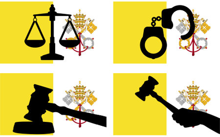 Vatican flag with justice vector silhouette, judge gavel hammer and scales of justice and handcuff silhouette on country flag, Vatican law concept, design asset, freedom ideaのイラスト素材