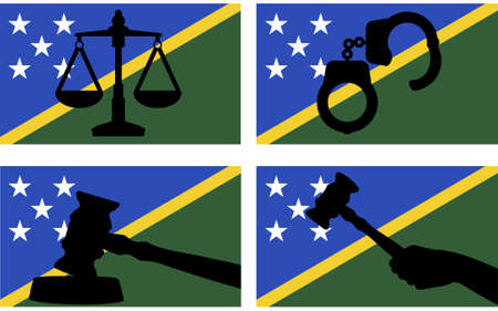 Solomon Island flag with justice vector silhouette, judge gavel hammer and scales of justice and handcuff silhouette on country flag, Solomon Island law concept, design asset, freedom ideaのイラスト素材