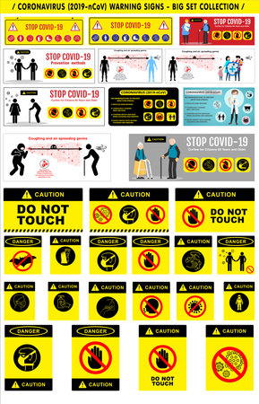 Coronavirus covid 19. Pandemic corona virus prevention illustration warning. Vector.のイラスト素材