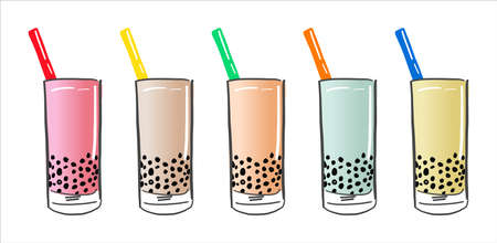 Bubble milk tea, Pearl milk tea, Different sorts of Boba. Yummy drinks. Ads with delicious tapioca. Retro Menu Restaurant poster. Vector.のイラスト素材