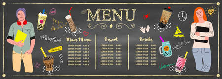 Bubble milk tea, Pearl milk tea, Different sorts of Boba. Yummy drinks. Ads with delicious tapioca. Retro Menu Restaurant poster. Vector.のイラスト素材