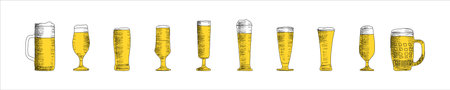 Beer set. Various types of beer glasses. Hand drawn. Easily Editable Vector. EPS 10.のイラスト素材