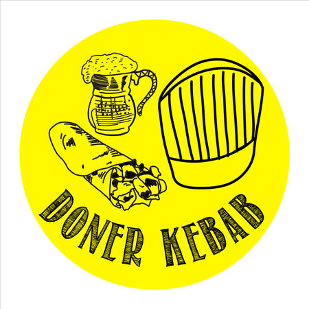 Doner kebab cooking and ingredients for kebab, Arabic cuisine frame. Fast food menu design elements. Shawarma hand drawn frame. Middle eastern food. Turkish food. illustration - Vector.のイラスト素材