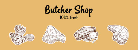 Steak collection, various types of beef steak, Sirloin, Tomahawk and T-bone meat steaks. Hand-drawn pieces of meat and beef tenderloin. Design elements of a butcher shop, farmers market, restaurant. vector illustration.のイラスト素材