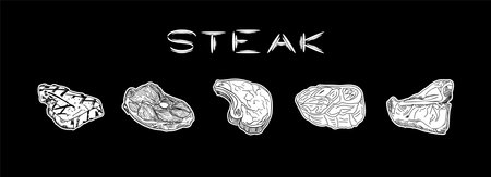 Steak collection, various types of beef steak, Sirloin, Tomahawk and T-bone meat steaks. Hand-drawn pieces of meat and beef tenderloin. Design elements of a butcher shop, farmers market, restaurant. vector illustration.のイラスト素材