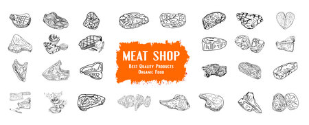Steak collection, various types of beef steak, Sirloin, Tomahawk and T-bone meat steaks. Hand-drawn pieces of meat and beef tenderloin. Design elements of a butcher shop, farmers market, restaurant. vector illustration.のイラスト素材