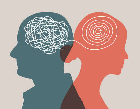 Metaphor bipolar disorder mind mental. Tangle and untangle. Split personality. psychology. mood disorder. mental health. Dual personality concept. Psychology and mental health.のイラスト素材