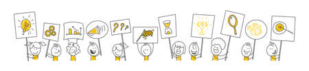 Stick figures. Blank banners set. Vector illustration of people holding blank. It can be used for presentations, for explanation, as a mascot, for communication, to express emotions.のイラスト素材