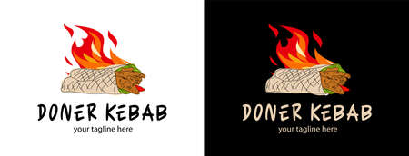 Shawarma cooking and ingredients for kebab. Doner kebab hand drawn. Fast food menu design elements. Restaurant cafe menu, template design. Food flyer. Vector.のイラスト素材