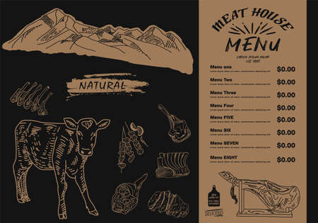 Vector sketch menu for meat restaurant. Food menu design elements. Restaurant cafe menu, template design. Food flyer. vector.のイラスト素材