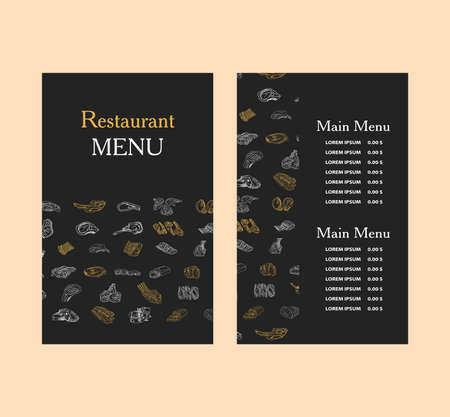 Vector sketch menu for meat restaurant. Food menu design elements. Restaurant cafe menu, template design. Food flyer. vector.のイラスト素材