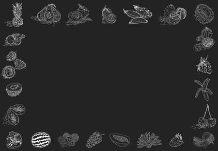 Vector illustration of chalk fruit on blackboard. Hand drawn illustration. Design element for poster, menu, flyer, banner, menu, package.のイラスト素材