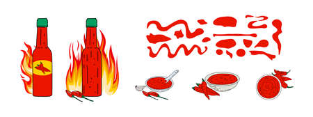 Hot sauce set, hand drawn vector design. Food menu design elements. Design element for logo, poster, menu, flyer, banner, menu, package. Vector.のイラスト素材
