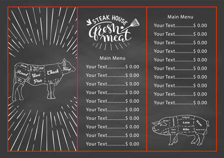 Vintage Butcher shop hand-drawn on a black chalkboard background. Butchery Cow Food Chalk Board Shop. Retro Menu Restaurant poster. Vector.のイラスト素材