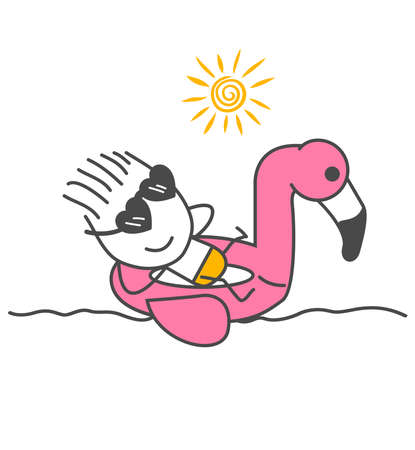 Stick figures. hello summer. Stickman floating on an inflatable pink flamingo. relaxation.のイラスト素材