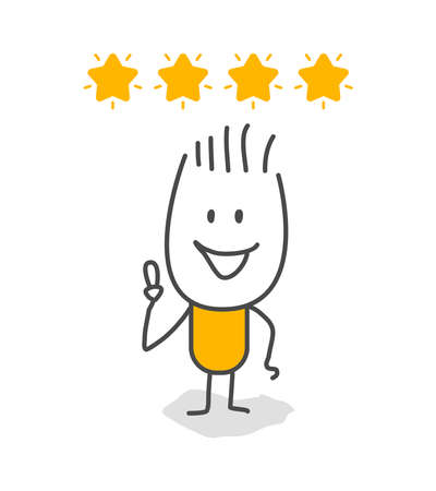 Stick figures give review rating and feedback. Customer reviews, feedback, five stars rating. Rating.のイラスト素材