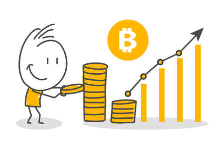 Stick figures. Bitcoins - bitcoin BTC the new virtual money. Online banking, Virtual cryptocurrency concept.のイラスト素材