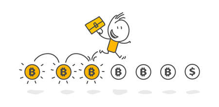 Stick figures. Bitcoins - bitcoin BTC the new virtual money. Online banking, Virtual cryptocurrency concept.のイラスト素材