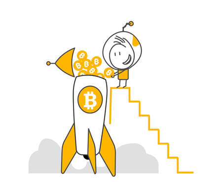 Stick figures. Bitcoin spaceship flying. Businessman flying on rocket in bitcoin price rising concept. Stock exchange business finance investment. Rising price and value metaphor.のイラスト素材