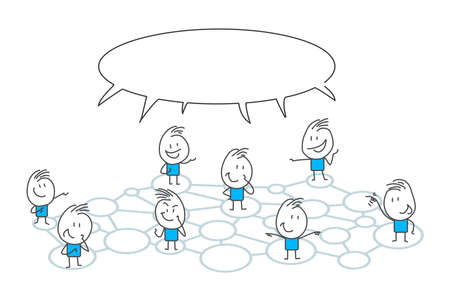 Stick figures. People Group Chat Bubble Communication. cartoon style. Discuss social networks, news, social networks, chat, dialogue speech bubbles.のイラスト素材