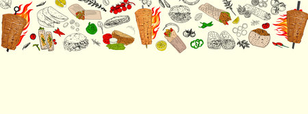 Popular fast food doner shawarma meat and vegetables and ingredients on background. Top view. vector illustration. Engraved design.のイラスト素材