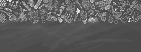 Restaurant Food Menu Design. Chicken legs, steaks, lamb ribs with vintage kitchenware kitchen utensils. Meat Fork and Butcher Cleaver and herbs knife. Sauces and ingredients for grilling. Vector.のイラスト素材