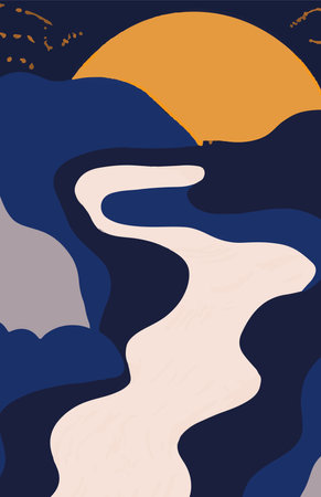 Illustration in Scandinavian style. beautiful background. Flat abstract design. Mountain view, river view. Mountains, clouds, sun, moon. Vector illustrations.のイラスト素材