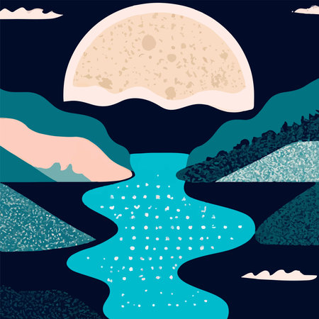 Illustration in Scandinavian style. beautiful background. Flat abstract design. Mountain view, river view. Mountains, clouds, sun, moon. Vector illustrations.のイラスト素材