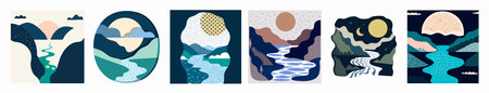 Illustration in Scandinavian style. beautiful background. Flat abstract design. Mountain view, river...