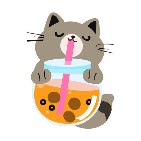 Bubble Tea Cat Set. Bubble tea, gourmet drinks, coffee and soft drinks. vector illustration.のイラスト素材