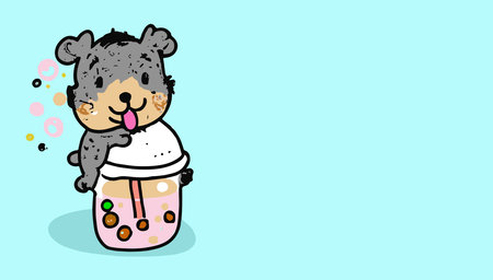 Lovely kawaii dog. Bubble tea, gourmet drinks, coffee and soft drinks. vector illustration.のイラスト素材