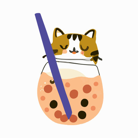 Bubble Tea Cat Set. Bubble tea, gourmet drinks, coffee and soft drinks. vector illustration.のイラスト素材
