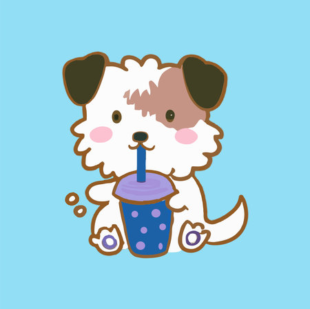Lovely kawaii dog. Bubble tea, gourmet drinks, coffee and soft drinks. vector illustration.のイラスト素材