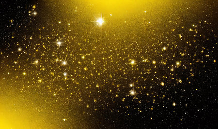 Gold glitter, gold particles on black background, Magic gold dust and glare. Happy new year holiday concept. golden rain. Abstract falling golden lights.の写真素材