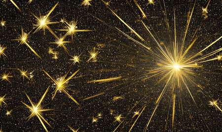 Gold glitter, gold particles on black background, Magic gold dust and glare. Happy new year holiday concept. golden rain. Abstract falling golden lights.の写真素材