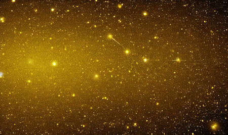 Gold glitter, gold particles on black background, Magic gold dust and glare. Happy new year holiday concept. golden rain. Abstract falling golden lights.の写真素材