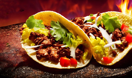Meaty Mexican tacos. Mexican food - delicious homemade tacos. Delicious Authentic Tacos.の写真素材
