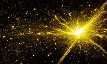 Gold glitter, gold particles on black background, Magic gold dust and glare. Happy new year holiday...