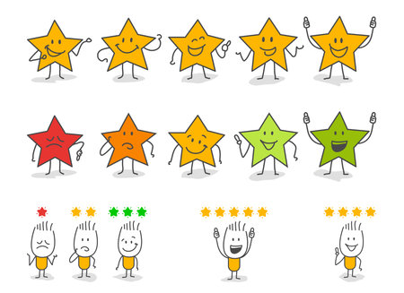 Stick figures give review rating and feedback. Customer reviews, feedback, stars rating.のイラスト素材