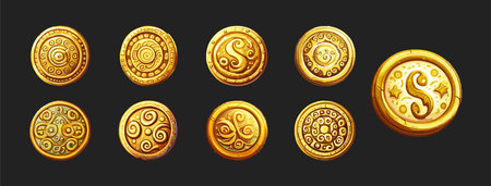 Vector gold coins set, isolated on black background. Eps10 vector illustration.のイラスト素材