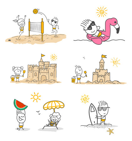 Stick figures. Set of summer vacation garbage figures. Hand drawn stick figures symbolizing vacation rest and different summer leisure activities.のイラスト素材