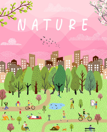 Nature and landscape, contemporary artistic poster. Village, people on vacation at picnic, park, forest and trees. For prints, cover or card designs, art decoration, editable works.のイラスト素材