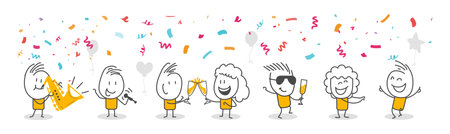 Stick figures. celebration, party, cocktail. Isolated on white background. Hand drawn Doodle Line Art Cartoon Design character.のイラスト素材